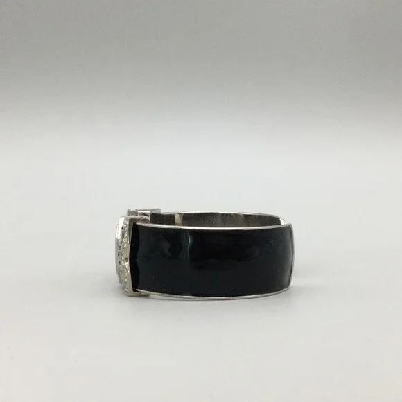 Art Deco Bangle Cuff Watch Womens 21mm Black Enamel Crystal MOP Dial New Battery - Picture 7 of 13